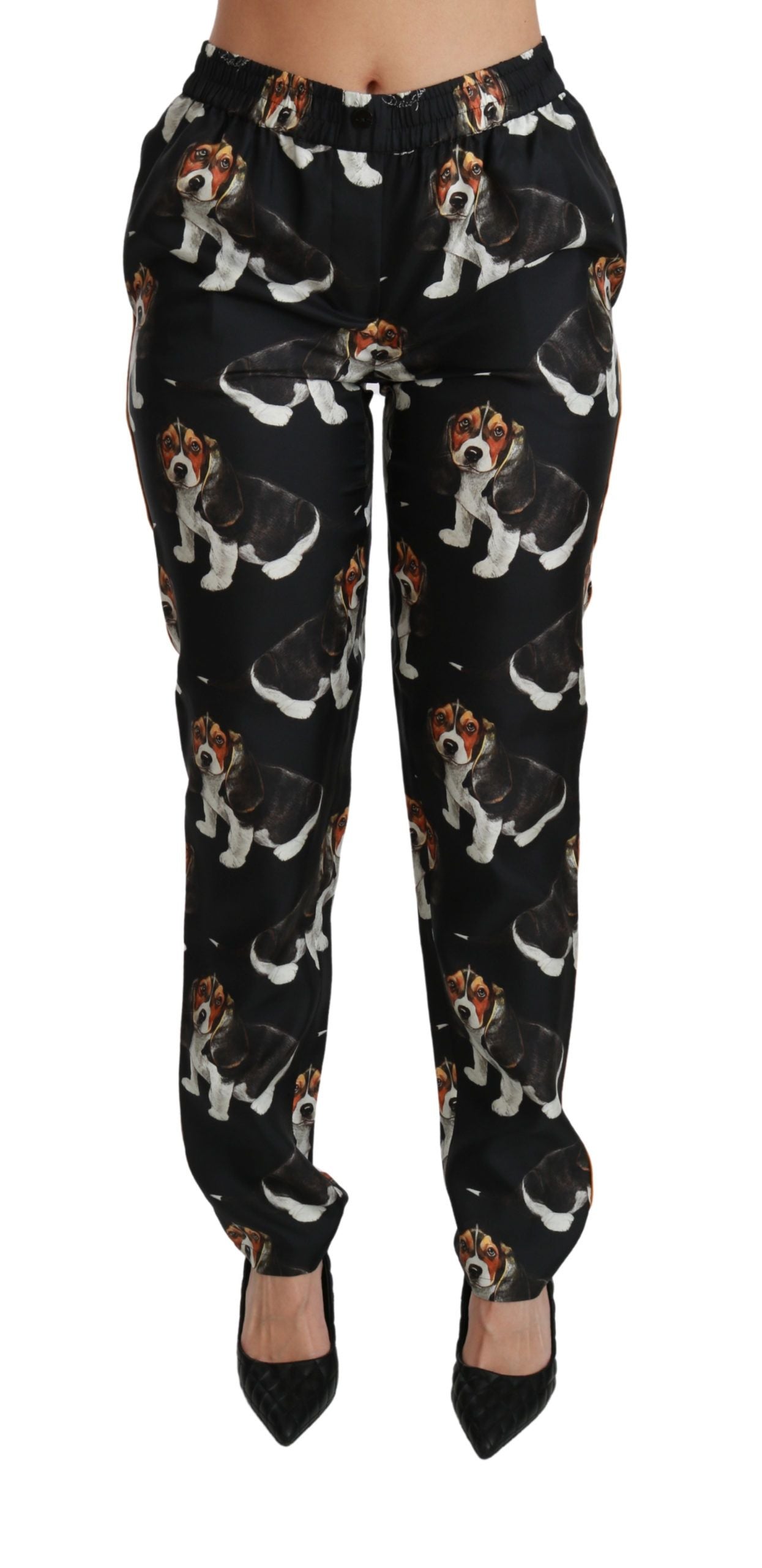 Elegant Silk Puppy Dog Print Pants