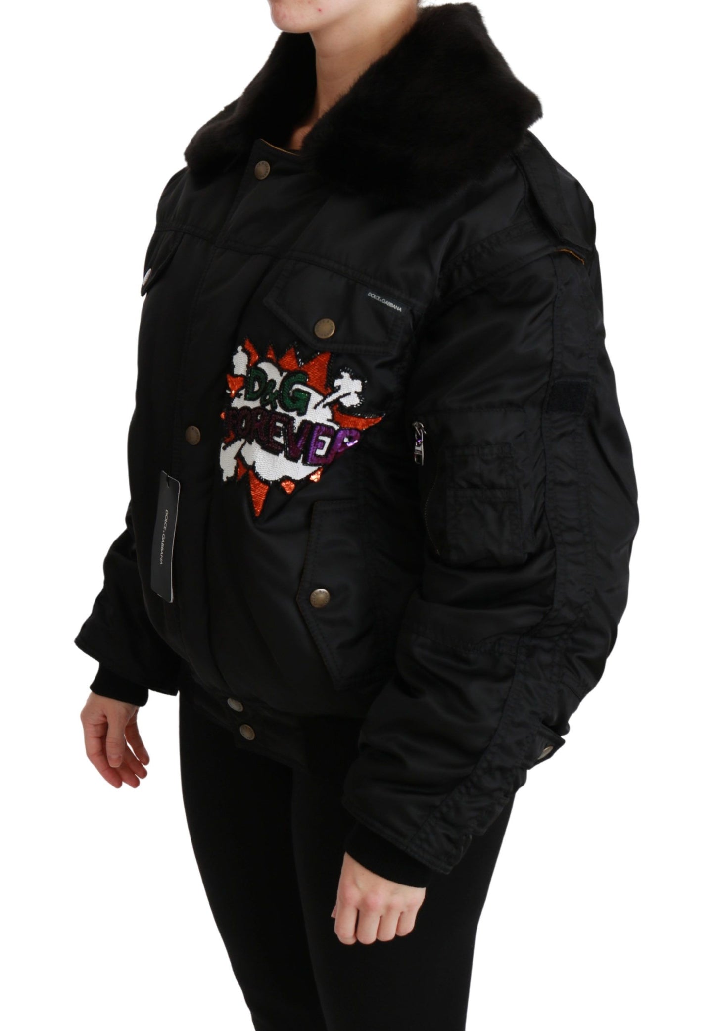 Elegant Black Bomber Jacket with Detachable Features