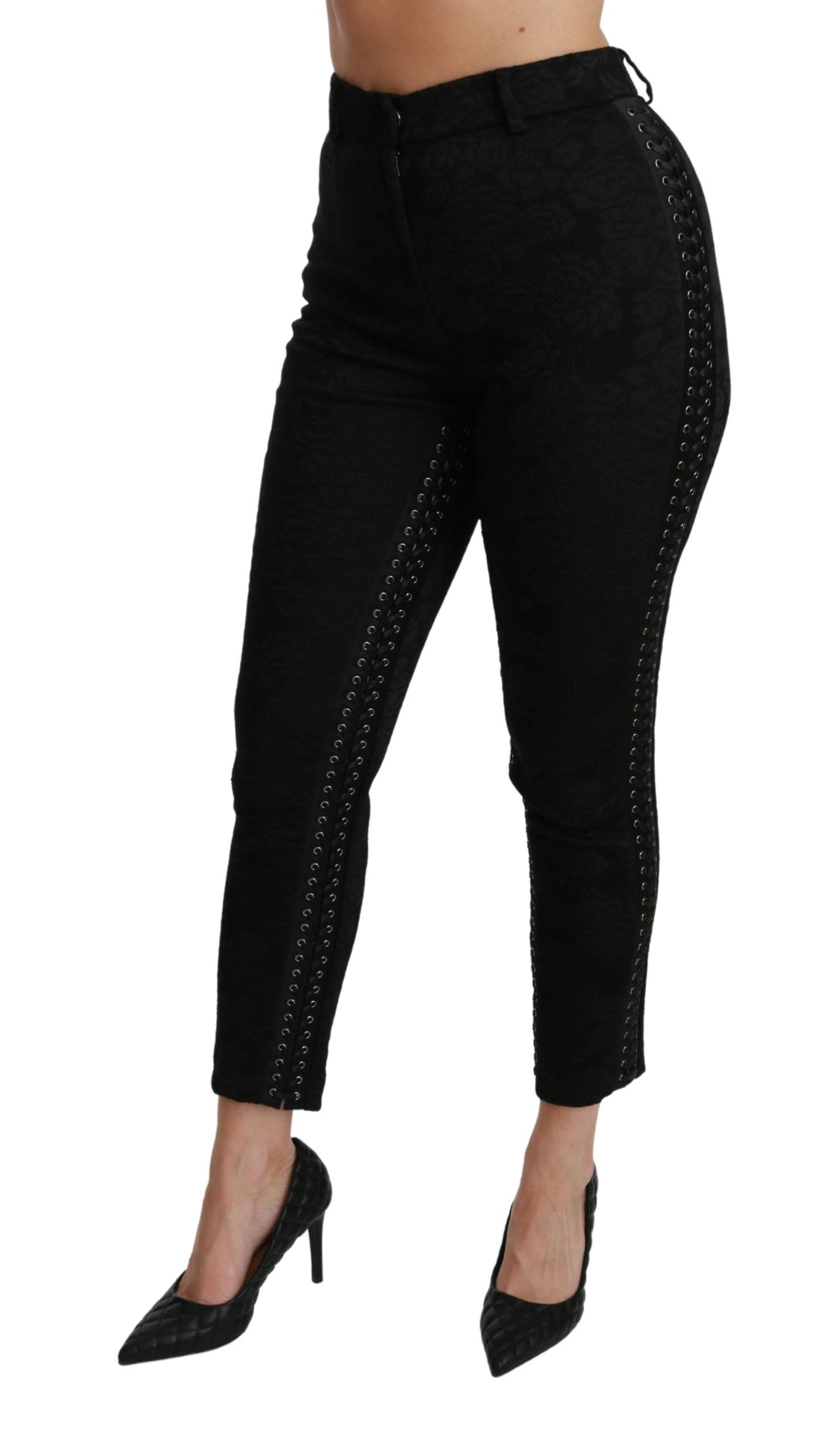 Elegante Skinny-Hose aus schwarzem Brokat mit hoher Taille