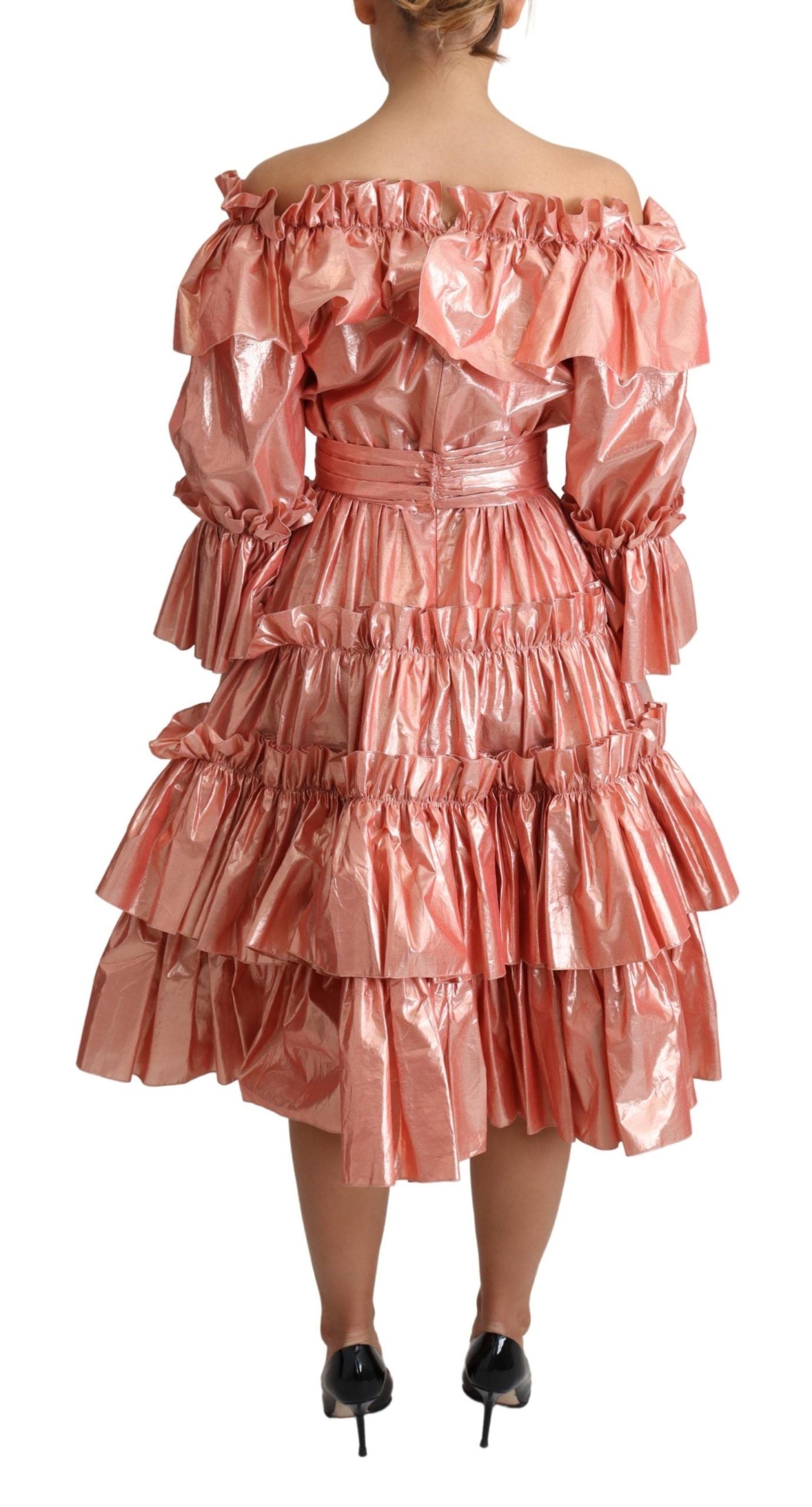 Pink Metallic Ruffled Gown Elegance