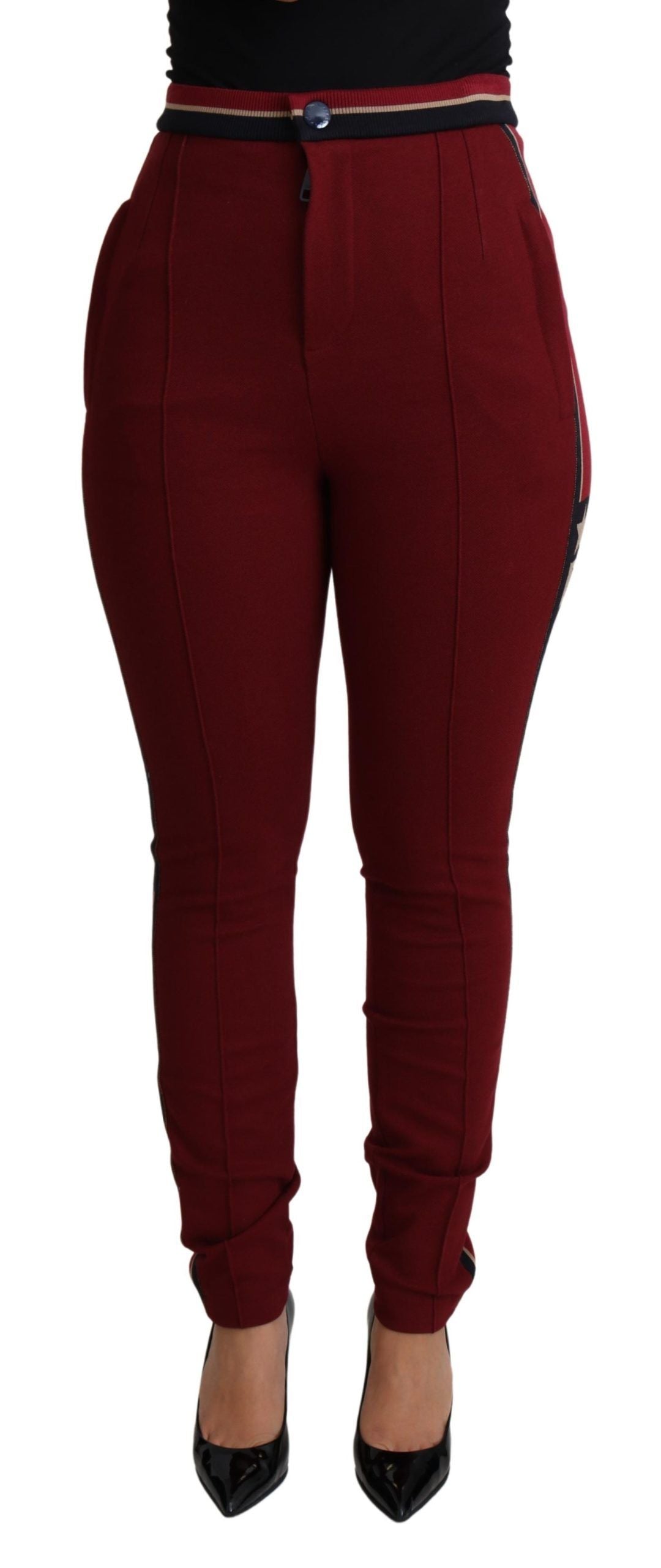 Rote Skinny-Hose mit hoher Taille und Stickerei