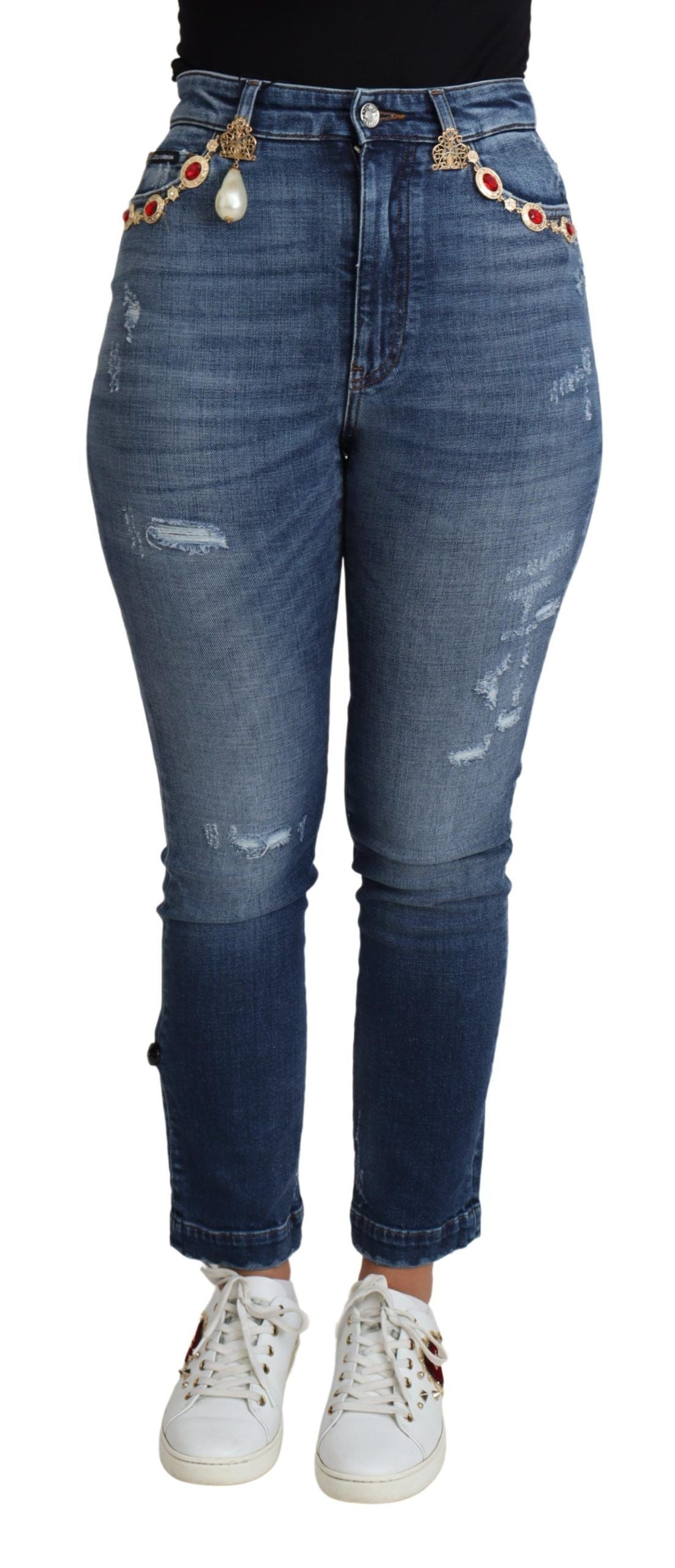 Verzierte Skinny-Jeans mit hoher Taille