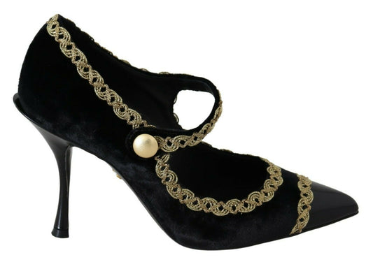 Elegante Pumps aus schwarzem Samt mit Goldstickerei