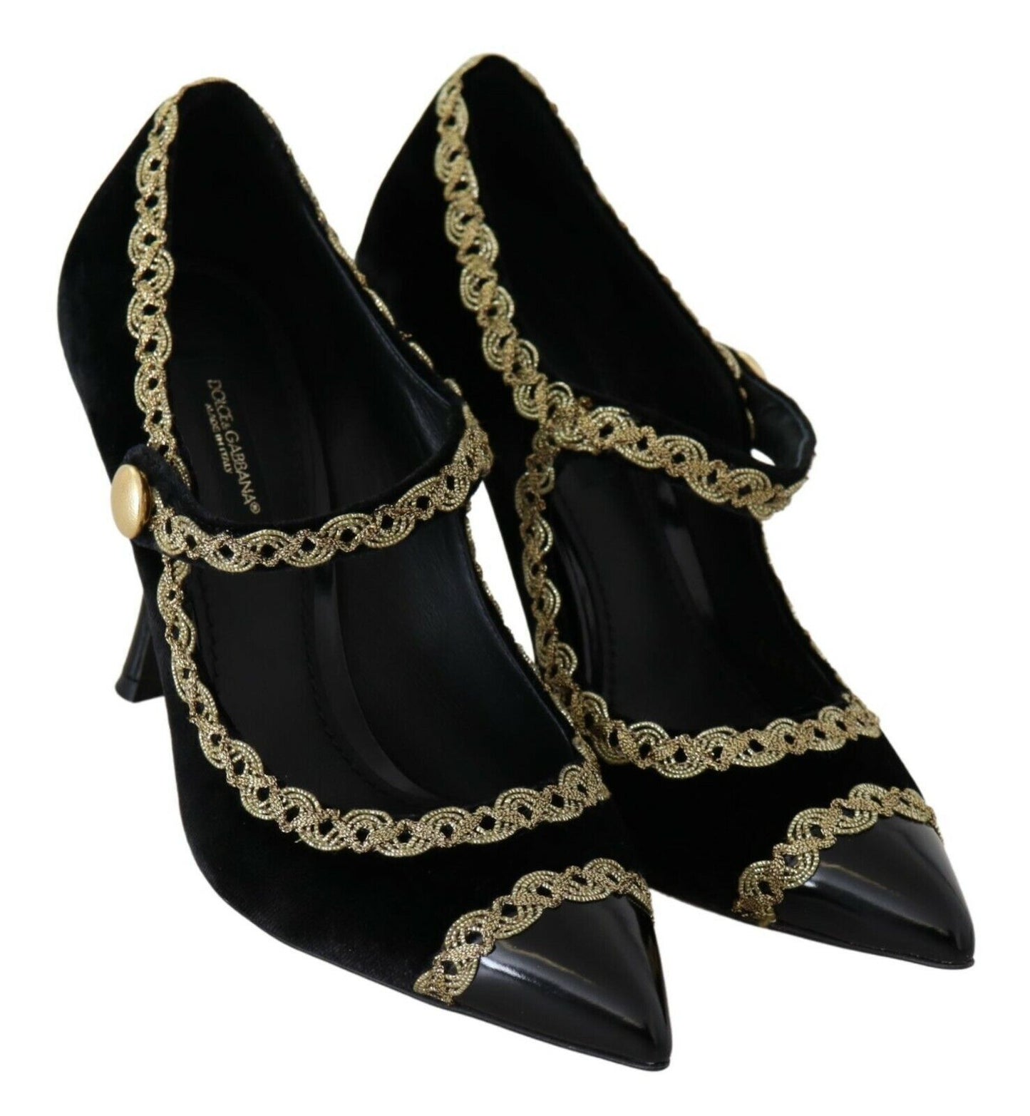 Elegante Pumps aus schwarzem Samt mit Goldstickerei