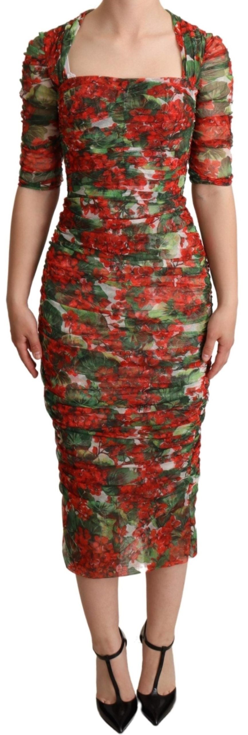 Elegantes rotes Midi-Etuikleid mit Blumenmuster