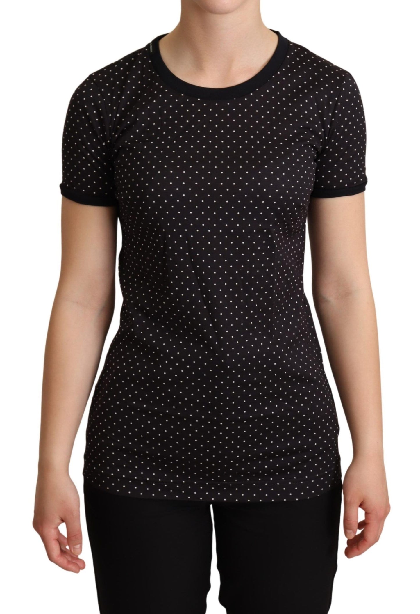 Kurzärmliges Top mit Rundhalsausschnitt und Polka Dots in Schwarz