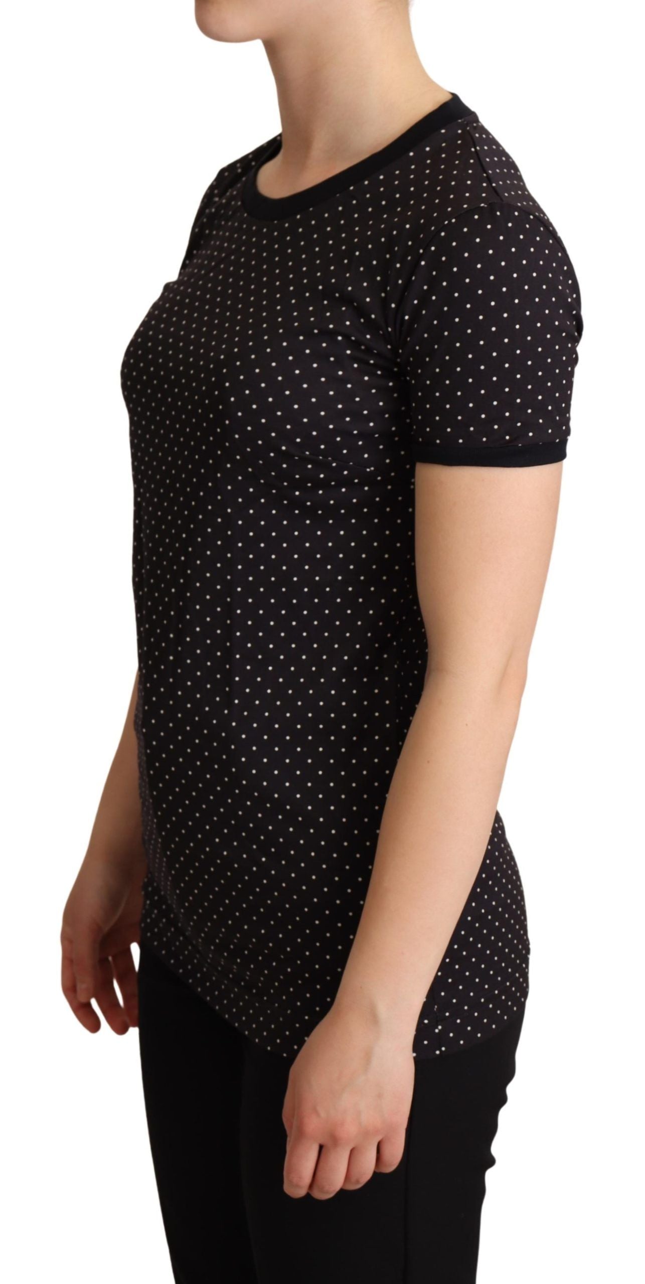 Kurzärmliges Top mit Rundhalsausschnitt und Polka Dots in Schwarz