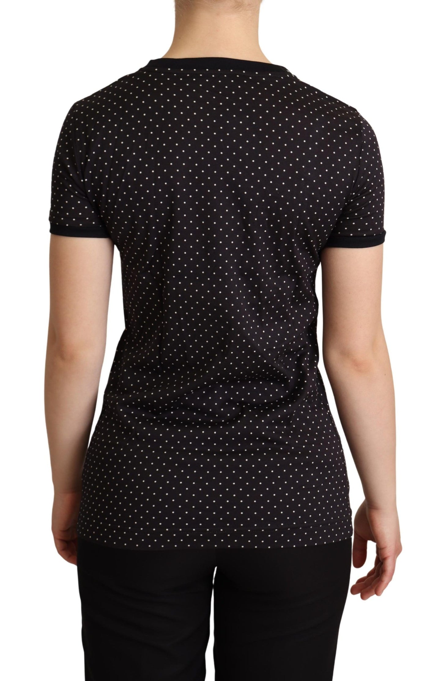 Kurzärmliges Top mit Rundhalsausschnitt und Polka Dots in Schwarz