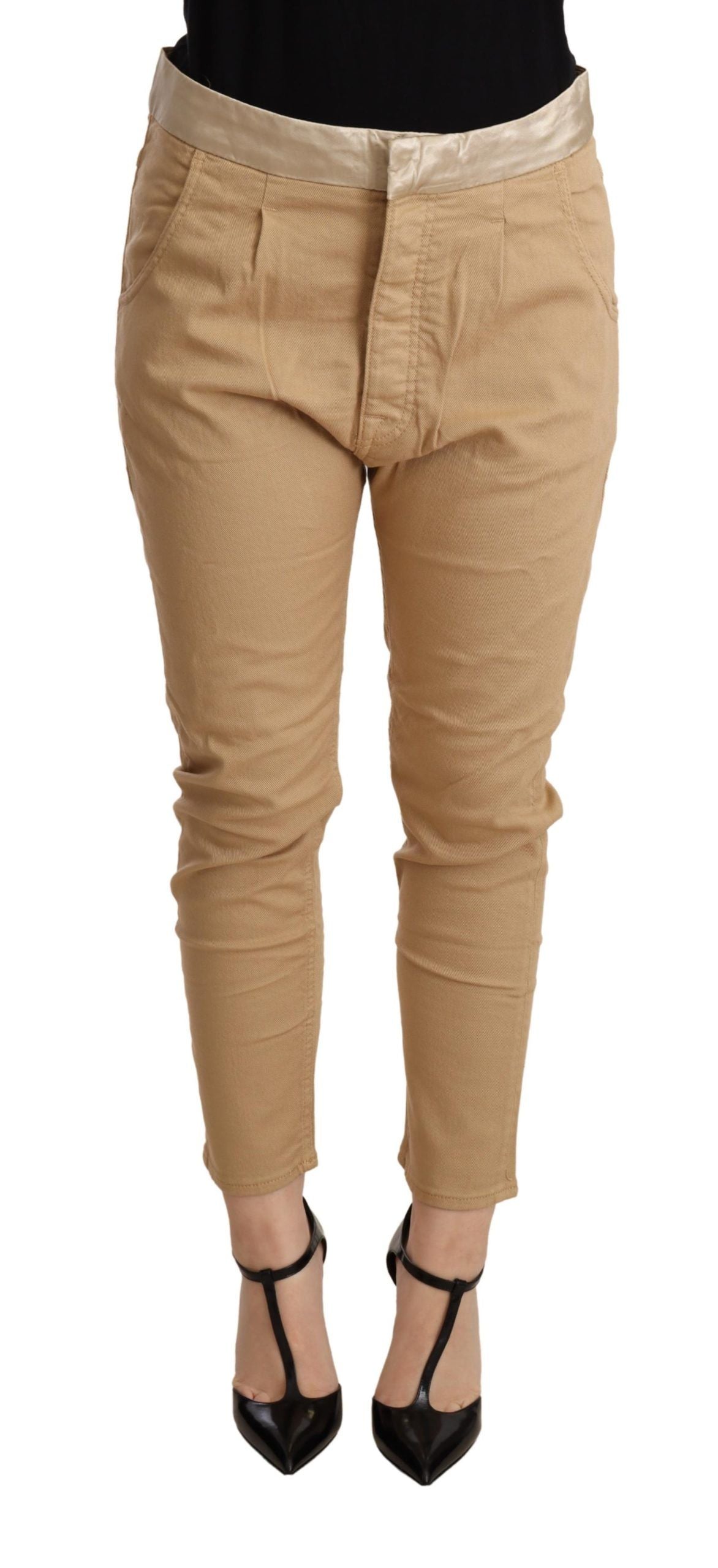 Beige, schmal geschnittene Skinny-Hose mit mittelhohem Bund