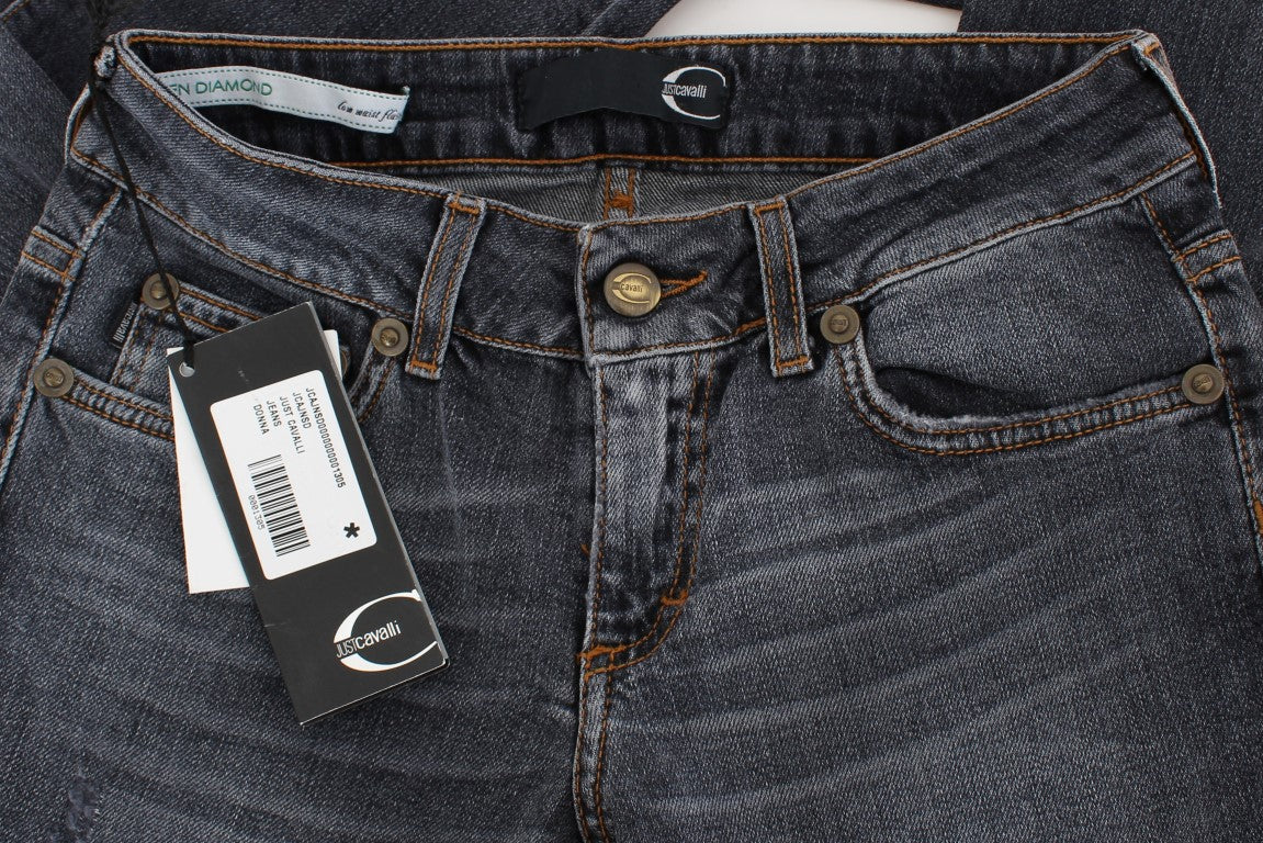 Slim Fit Jeans in verwaschenem Blau mit grünen Diamanten