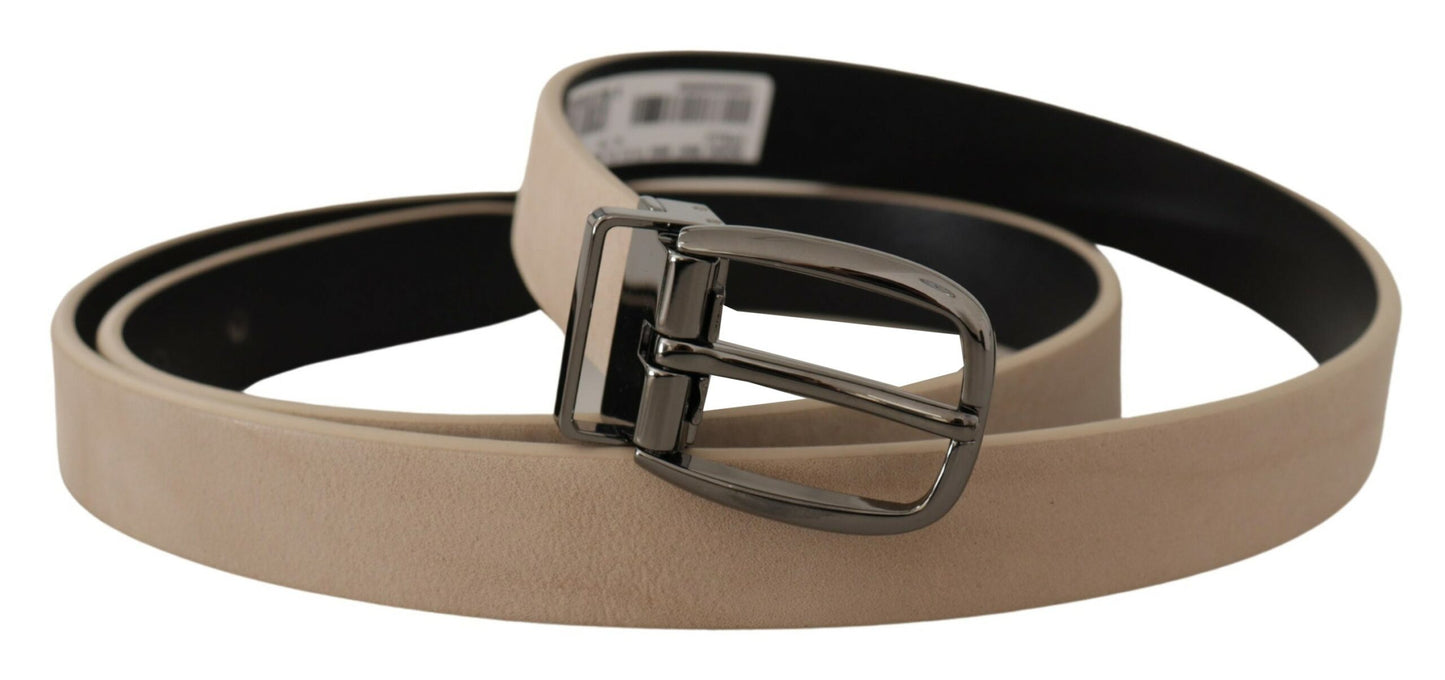 Elegant Beige Leather Belt with Silver Tone Buckle