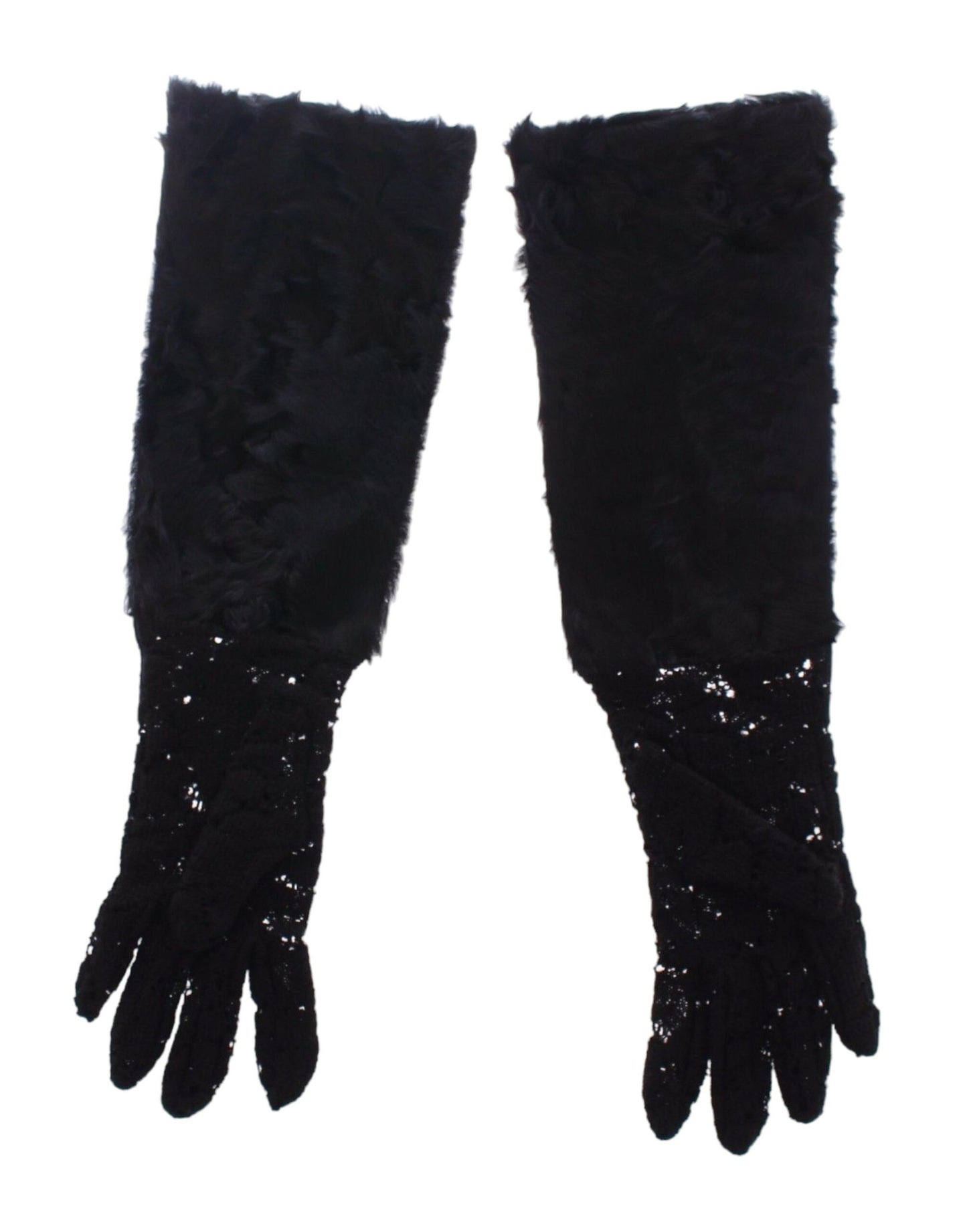 Schwarze Ellenbogenhandschuhe aus Wollspitze und Lammfell