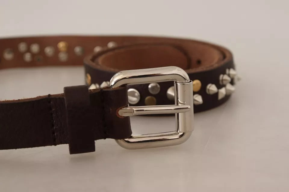 Brown Leather Studded Silver Metal Buckle Belt