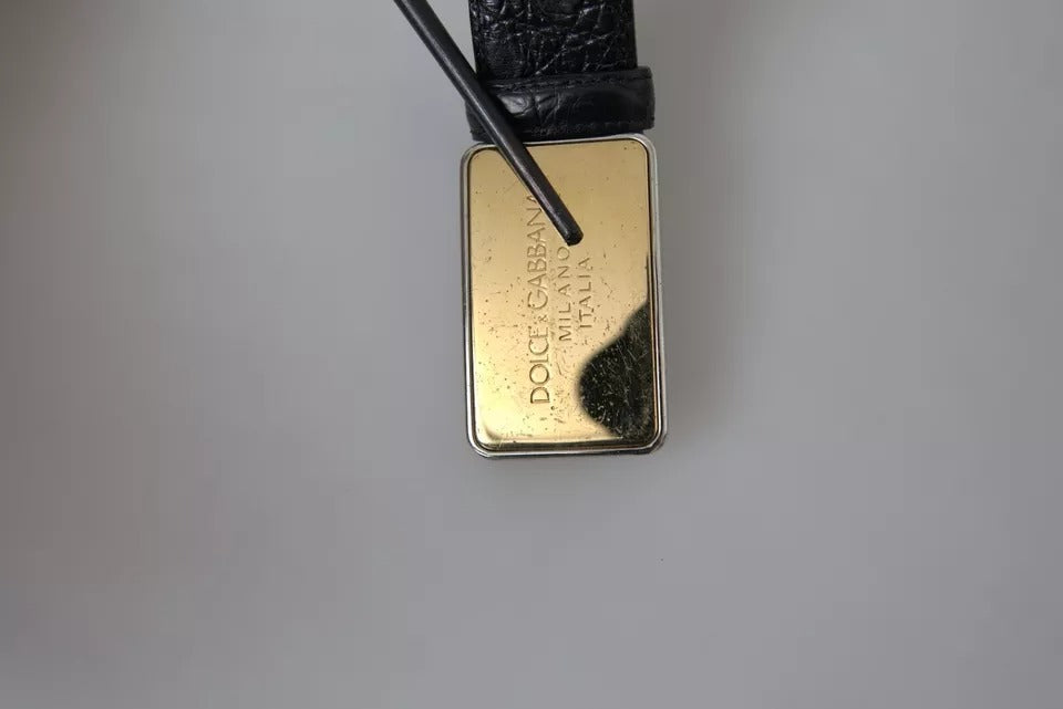 Black Exotic Leather Gold Metal Buckle Belt