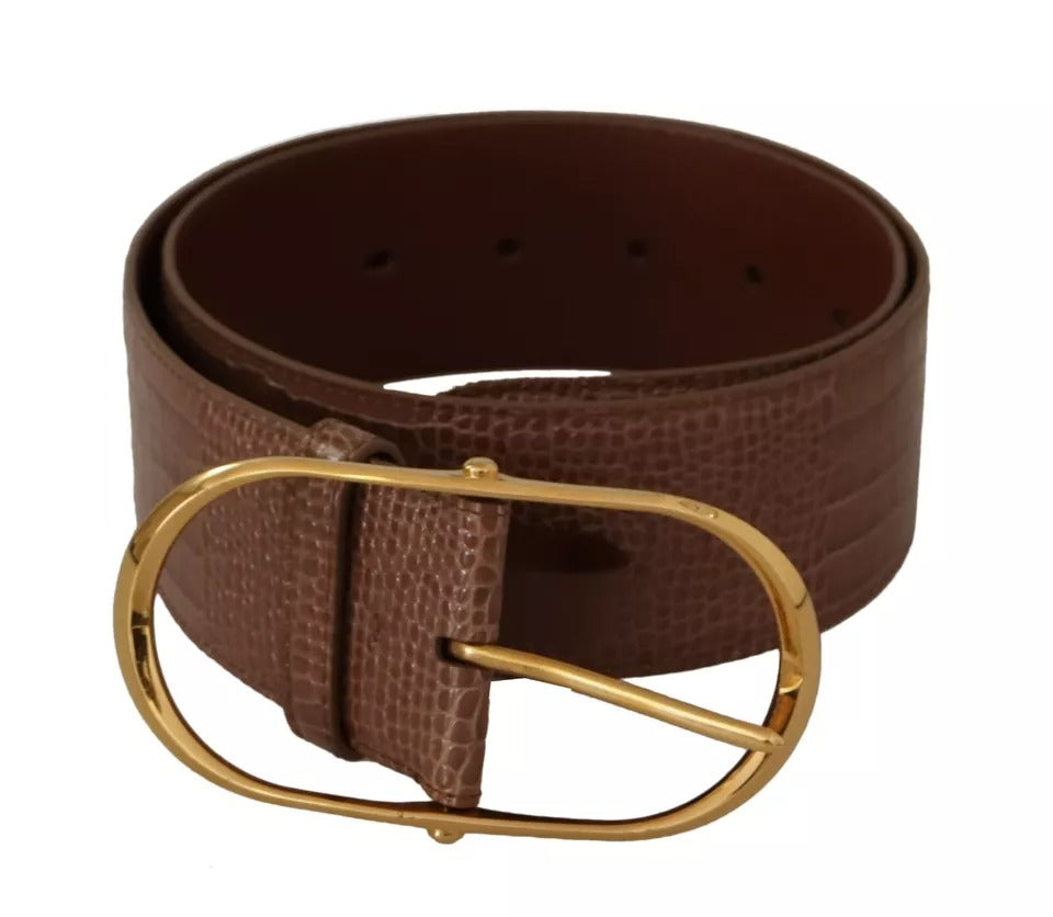 Brown Wide Waist Leather Gold Oval Metal Buckle Belt