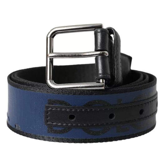 Blue Leather Logo Print Metal Buckle Men Belt